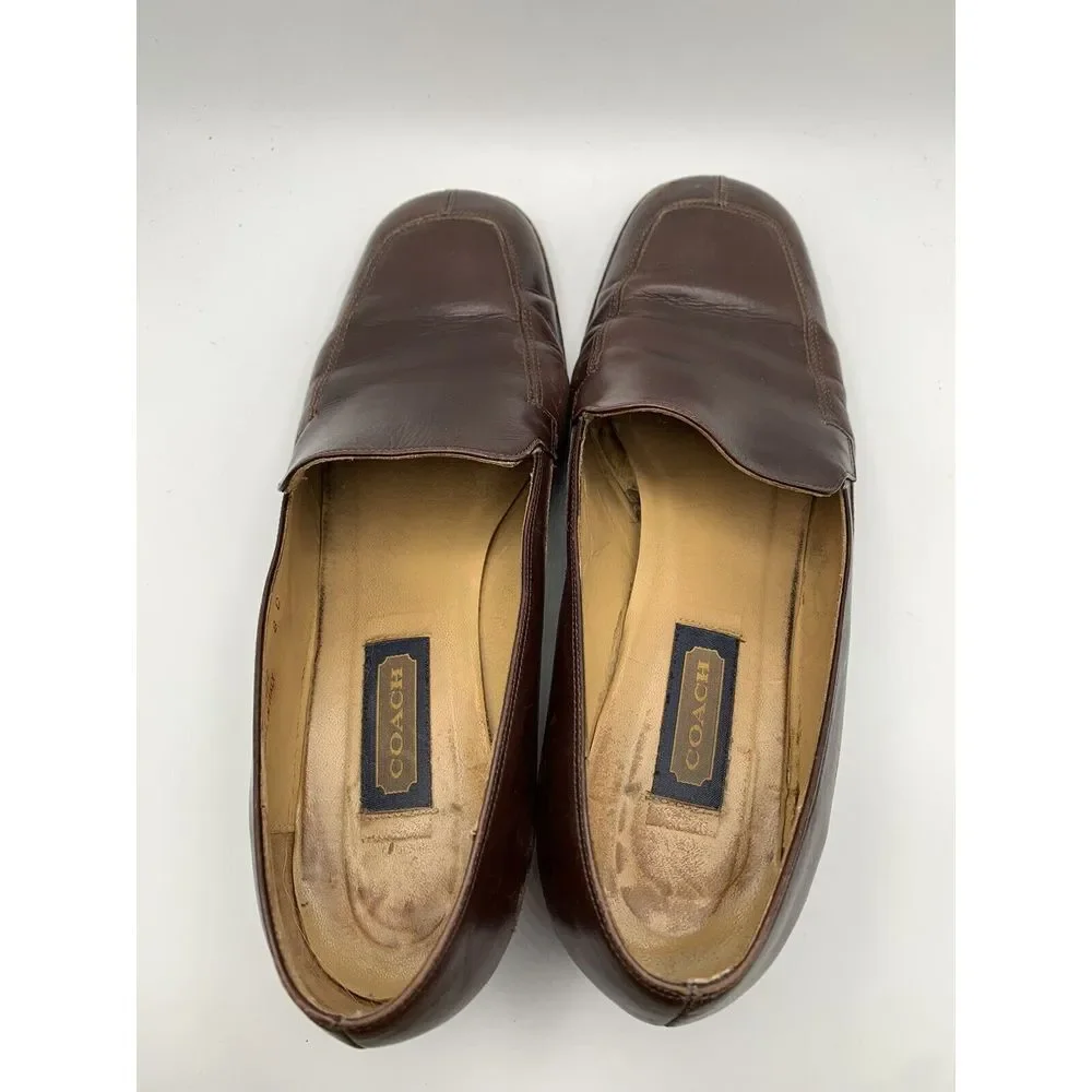 Coach Women's Brown Leather Square Toe Heeled Slip On Loafer‎ Shoe Size 8 C